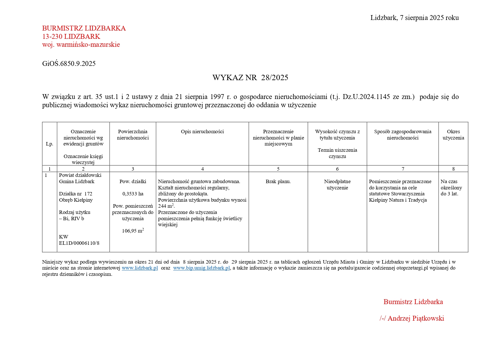 Wykaz Nr 28/2025 - Nieruchomość zabudowana do użyczenia- obr. Kiełpiny dz. nr 172